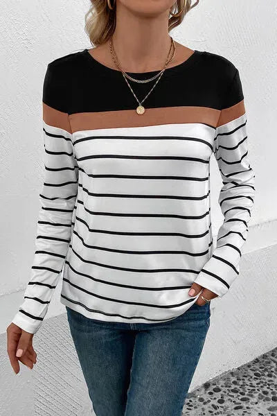 Striped Round Neck Long Sleeve T-Shirt Women's T-Shirts - Tophatter Daily Deals
